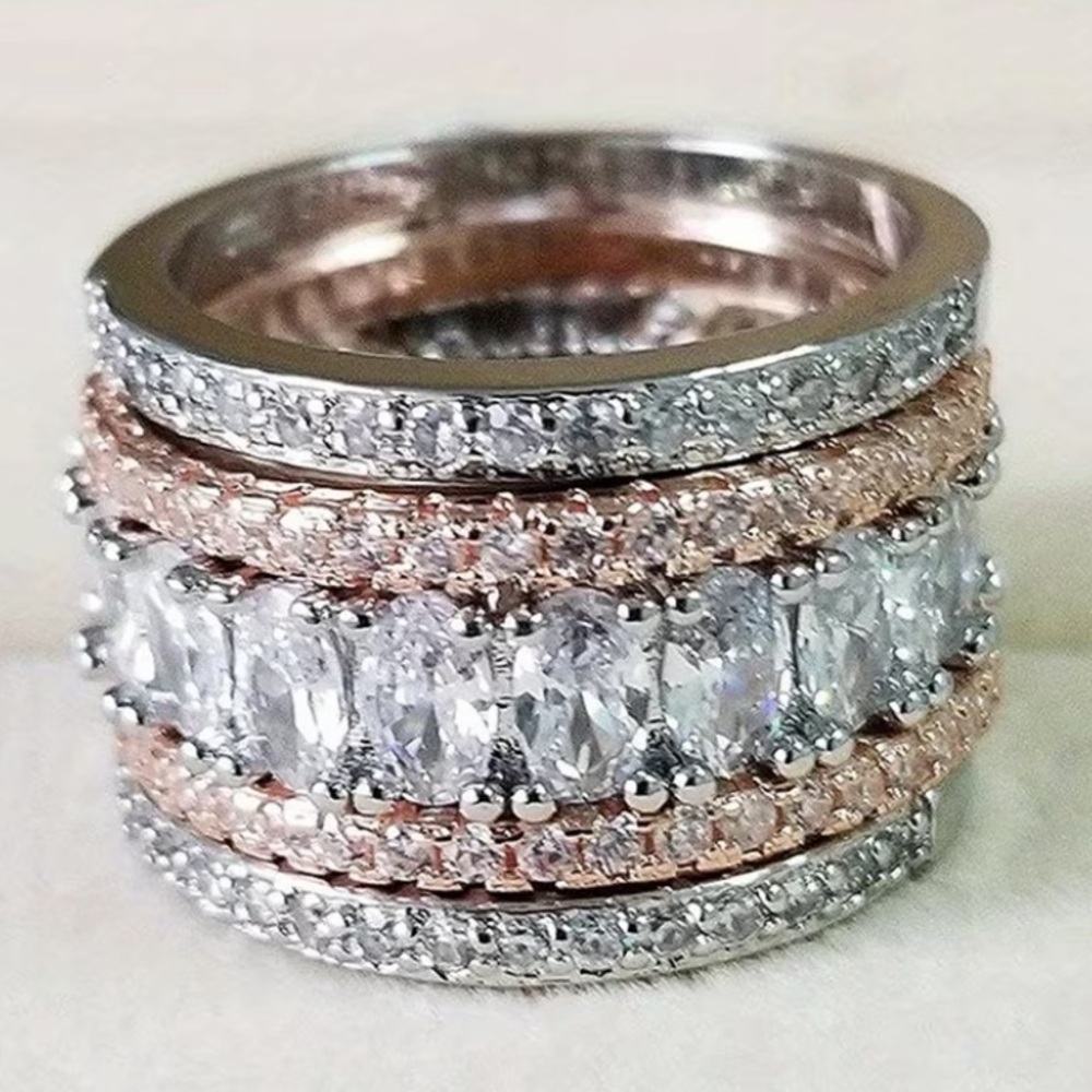 Elegant Silvery & Rose Golden Stacked Diamond Band Ring - Picture 4 of 4